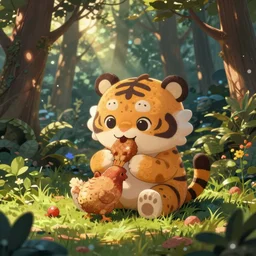 a cute cartoon tiger eating chicken on a forest. Behance, Dribbble, CGSociety, ArtStation, Tumblr, Pinterest, Drawcrowd, Pixiv, Devianart