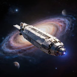 realistic photo of space ship flying between galaxies, only one space ship in photo, stars and planets glowing around, 3 d octane render, very hyper realistic