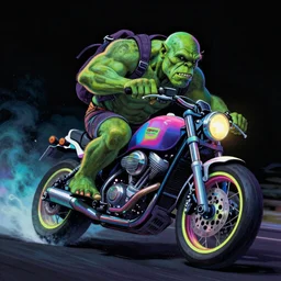 psychedelic colorful blacklight airbrush artwork, motorcycle, stylized action shot of an orc biker riding a motorcycle, menacing orc, drifting, skidding, wheelie, clear focused details, soft airbrushed artwork, black background, cgsociety, artstation
