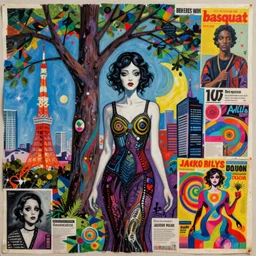 acrylic painting of a bizarre nightmare woman in front of an tree in tokyo, mixed media collage by basquiat and jackson pollock, maximalist magazine collage art, retro psychedelic illustration, 1 9 2 0 s