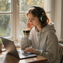 early morning, by alphonse mucha 1 8 8 6. girl with big headphones and hoodie, laptop, hot coffee, window, sun