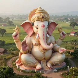 high quality 3 d dreamscape! biomorphic ganesha head building in the middle of serene country setting!!, kalighat highly detailed, cinematic smooth, stephen shore & john j. park, soft morning light, wide shot, high angle, uhd 8 k, deep focus