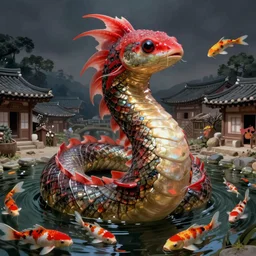 game character beautiful giant kaiju sized pond serpent half fish half salamander, wet amphibious skin, red salamander, axolotl creature, koi pond, korean village by Ruan Jia and Gil Elvgren, fullbody