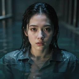 an ultra realistic, cinematic, fantasy, portrait, of a woman, face in water, dramatic, soft light, dreamy, facial features, stood in a cell, with prison clothing, detailed, deep focus, movie still, dramatic lighting, ray tracing, by michal karcz and yoshitaka amano