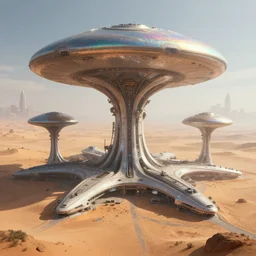 a futuristic image of an alien desert with a gigantic complex mushroom shaped spaceport with spaceship, fine detail, by James clyne and Andrée Wallin, foggy, cyberpunk city in the distance, iridescent, artstation, CG society, Ariel view, concept art, extra wide angle, morning light