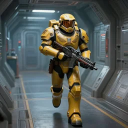 wearing battle - armor, carrying a plasma rifle, running down the corridor of a spaceship, art by emmanuel shiu