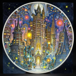 steampunk city, magic library, carving on southern ice porcelain , overdetailed art, by greg rutkowski, by Alfons Mucha, complementing colors, magic, colorful lights, fireflies, detailed illustration