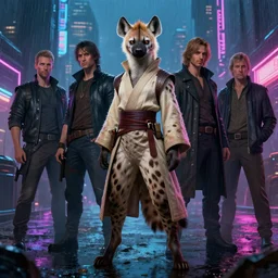 beautiful full-body portrait commission of a (female furry anthro spotted hyena fursona wearing jedi robes) (in a cyberpunk city at night in the rain). Neon light. Atmospheric. Renowned character illustration by greg rutkowski, thomas kindkade, alphonse mucha, loish, norman rockwell. detailed, dungeons and dragons character art