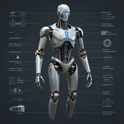 exploded view diagram of a cyborg with all parts labeled, intricate and detailed assembly drawing of a cyborg, fantasy concept art, hyper realistic illustration, 8 k, artstation