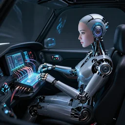 black cockpit featuring a beautiful electromechanical cyborg connected to glowing mainframe with luminous cables hoses