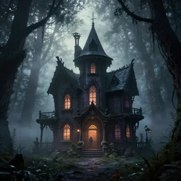 strange darkness house inspired by Tim Burton, (by Tim Burton) dark forest background, mist, fog, volumetric lighting