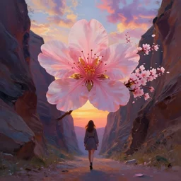 giant cherry blossom flower as a head, girl walking in a canyon, surreal photography, sunrise, dramatic light, impressionist painting, colorful clouds, digital painting, artstation, simon stalenhag