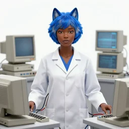 dark skin woman wearing a white lab coat with a blue wolf haircut, body connected to wires and connected to 1 9 8 0 s computers, painted by yoshitoshi abe and makoto shinkai, in the style of serial experiments lain, dynamic lighting, dark ambience, 3 5 mm, cell - shaded, detailed face, retro