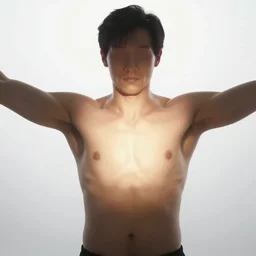 upper body of a man with obscured face arms flung wide light shining from within his chest, hyperreal, inner light, out of focus, trending on artstation, digital art