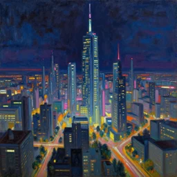 Futuristic City at night, neon lights, Landscape oil painting by Zdzisław Beksiński