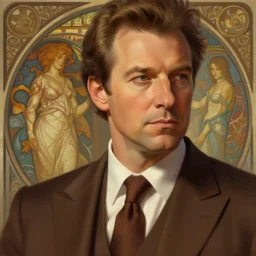 close up of andy richter wearing a brown suit and necktie, focus, d & d, intricate, elegant, highly detailed, digital painting, artstation, concept art, matte, sharp focus, illustration, hearthstone, art by artgerm and greg rutkowski and alphonse mucha