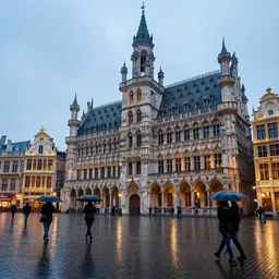 grand place of brussels, rainy evening, people with umbrellas, hyperdetailed, artstation, cgsociety, 8 k