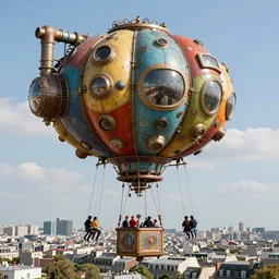 large colorful futuristic space age metallic steampunk steam - powered balloons with pipework and electrical wiring around the outside, and people on rope swings underneath, flying high over the beautiful paris city landscape, professional photography, 8 0 mm telephoto lens, realistic, detailed, photorealistic, photojournalism