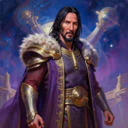 A cyborg Keanu Reeves as the tyrant emperor of the universe. Trending on ArtStation. A vibrant digital oil painting. A highly detailed fantasy character illustration by Wayne Reynolds and Charles Monet and Gustave Dore and Carl Critchlow and Bram Sels