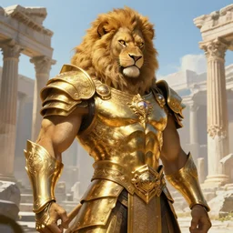 portrait muscular anthro furry lion, golden reflected armor, in ruined agora of athens, ssci - fi and fantasy, intricate and very very beautiful and masculine, highly detailed, digital painting, artstation, concept art, frostbite engine, smooth and sharp focus, illustration, art by tian zi and wlop and alphonse mucha