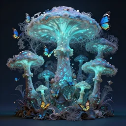 a 3 d bioluminescent radically alive world of mushroom fractals and butterflies, intricate mycelial lace, biopunk, rococo, inspired by peter mohrbacher & james jean & william morris & ernst haeckel & android jones — w 7 0 0
