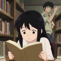 anime visual, portrait of a curious young woman in a library interior reading, cute face by ilya kuvshinov, yoh yoshinari, dynamic pose, dynamic perspective, cel shaded, flat shading mucha, rounded eyes, moody, psycho pass, kyoani