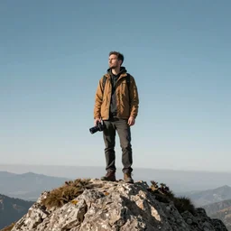 Man who is a camera standing on the top of a mountain, face view, trending on artstation