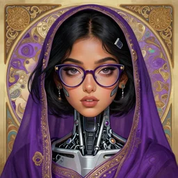 a beautiful illustration of a young cybertronic hyderabadi american woman, short black hair, round face, cateye glasses, purple colors, intricate, sharp focus, illustration, highly detailed, digital painting, concept art, matte, art by wlop and artgerm and greg rutkowski and alphonse mucha, masterpiece