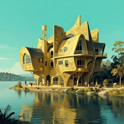 a photo of a concept architecture art house solarpunk in a lakeside, style brutalism, gold and black turquoise ratio, extremely detailed, sharp focus, wide view, smooth, digital illustration, colorfull, by alphonse mucha