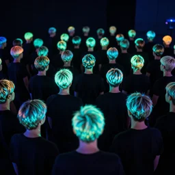 love, groups of people with short glowing hair, from behind, rebirth, wide angle, cinematic atmosphere, elaborate, highly detailed, blacklight colors, dramatic lighting