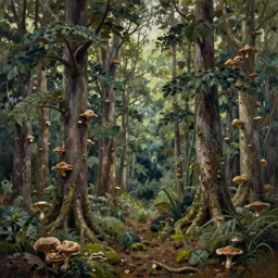a fungal forest with sparse, massive trees, extremely detailed oil painting, unreal 5 render, rhads, sargent and leyendecker, savrasov levitan polenov, bruce pennington, studio ghibli, tim hildebrandt, digital art, landscape painting, octane render, beautiful composition, trending on artstation, award winning photograph, masterpiece - n 3