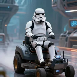 An Imperial Stormtrooper riding a lawnmower in an alien spaceship, 4K HD