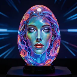 portrait of a plasma energy tron murano faberge candy glass egg designed by david chihuly and hr giger. made up of glowing swirling electric pixels. tron world background. photo still by annie liebowitz