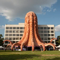 mid century office building lawn summertime festival giant tentacle towering kodachrome washed out color