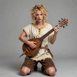 fantasy character, photograph. female bard 1 9. plain, offwhite, shortsleeved tunic with yellow trim. kneelength brown shorts, rope for belt. fancy cittern. hot mess, shabby unkempt, yet oddly compelling, extremely charismatic. resembles julia garner as ruth langmore. pale skin, shortish sandy - blonde hair, messy curls. petite, ectomorphic, wiry. shabby unfeminine peasant garments, but elaborate, expensive cittern, fancy stiletto - dagger. photographic realism with lots of detail