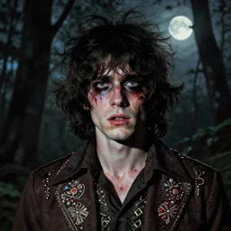 a beautiful but sinister young man in layers of fear, with haunted eyes and wild hair, 1 9 7 0 s, seventies, woodland, a little blood, moonlight showing injuries, delicate embellishments, painterly, offset printing technique, by john howe