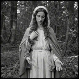 marian apparition in forest, found footage, vhs, 1 9 9 0, beautiful, highly realistic, highly detailed, vhs noise static, black and white, vhs glitch