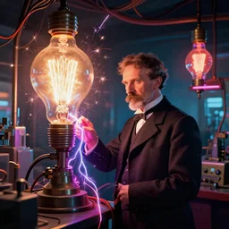 nikolai tesla in his lab, electrical arcs, magical sparks, large glowing light bulbs, neon glow, highly detailed, digital art, intricate, dramatic lighting, retro futuristic, neon colors, cinematic, art by norman rockwell, greg rutkowski, james gurney, artgerm
