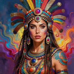 portrait of gal gadot, hyper detailed ultra sharp aztec shaman warrior. trending on artstation, warpaint aesthetic, bloodwave, colorful, psychedelic, ornate, intricate, digital painting, concept art, smooth, sharp focus, illustration, art by artgerm and greg rutkowski and h. r. giger, 8 k