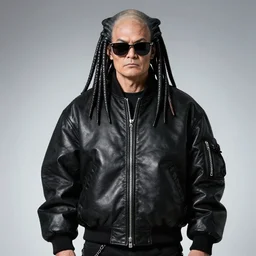 detailed attractive characther portrait of predator wearing oversized leather puffy black bomber jacket and waring sunglasses, realistic, wide angle, dramatic light 8 k