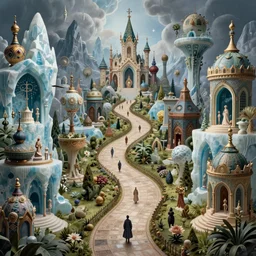 an epic elite mysterious whimsical masterpiece fantasy matte painting of an impossible path winding through arctic dream worlds with surreal architecture designed by heironymous bosch, structures inspired by heironymous bosch's garden of earthly delights, surreal ice interiors by cyril rolando and cyril rolando and asher durand and natalie shau, insanely detailed and intricate, sharp focus, complex, elegant