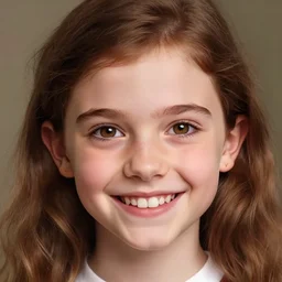 close up portrait of 1 5 - year - old girl, smile with large front teeth, hermione, very bushy brown hair, and very bright brown eyes, wearing white shirt, hyper realistic face, beautiful eyes, character art, art by mark brooks, hyperdetailed, cryengine, trending on artstation, digital art