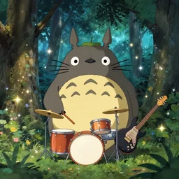 totoro very sad but is a drummer, another totoro has an electric guitar, sparkles all around, in the middle of the forest, fantasy digital art, wow, stunning, ghibli style, hight quality