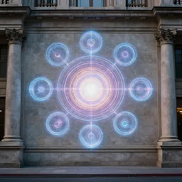front - view, centralized, wall with circles of magic energy. classic architecture. urban fantasy. detailed. smooth. sharp focus. trending on arstation. artist greg rutkowski.