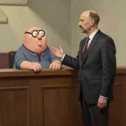 saul goodman defends peter griffin in court, realistic oil painting