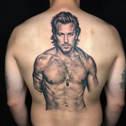 a man with a seductive george lopez tattoo on his back, a tattoo by richard mortensen, reddit contest winner, tattoo