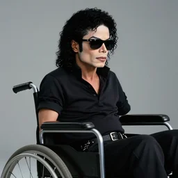 michael jackson 2 0 0 9 wearing shades, alone, this is it style, photo real, skin, motion blur, wheel chair, by himself, real life, spotted, leaked, ultra realistic face, accurate, 4 k, movie still, uhd, sharp, detailed, cinematic, render, modern