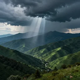 green mountains, brewing blue storm, mysterious light and shadow, by ivan laliashvili, very detailed, digital art, trending on artstation, masterpiece