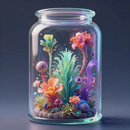 concept art. illustration. sci - fi. multicolour strange weird plants and flowers from a different planet in a closed jar. high sci - fi. holographic, beautiful, ethereal