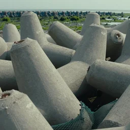 a strange huge flarge concrete tetrapods, in places in nets for catching fish, algae on the sea coast, film still from the movie directed by denis villeneuve with art direction by zdzisław beksinski, parts by denis villeneuve close up, telephoto lens, shallow depth of field